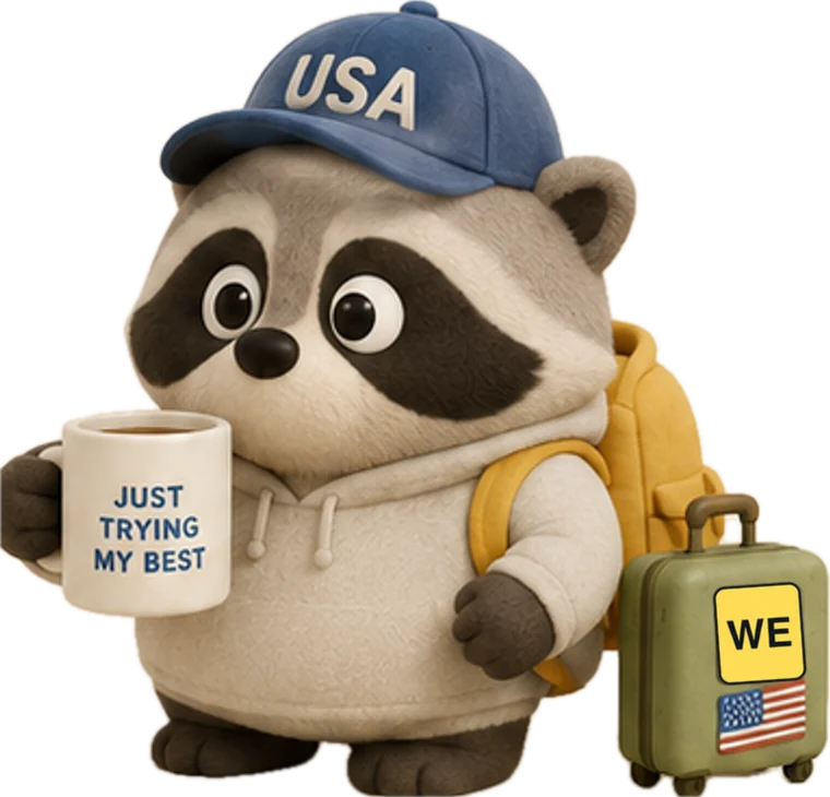 Racco：戴著 USA 棒球帽、背著黃色後背包的浣熊，一手拿馬克杯，旁邊是行李箱