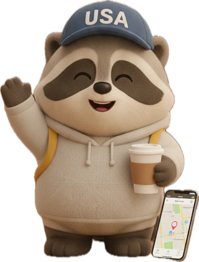 Racco 拿著咖啡揮手